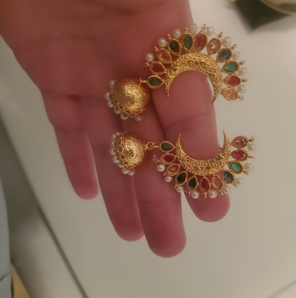 Jewelry - Elegant Gold and Multicolor Jhumka Crescent Earrings